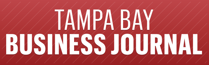 A red logo for Tampa Bay Business Journal. The background is a soft gradient red, with the title being in bold, white, clear professional font.