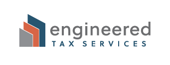 A clean, professional logo for 'Engineered Tax Services'. Their logo looks like three, 3-dimensional 8x11 slips colored grey, orange, and green respectively.