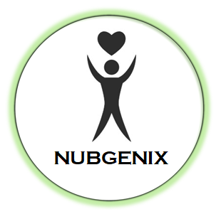 A bright green, circular logo with a white background. In the center reads "Nubgenix" in black, bold font, with a figure standing up and holding a heart.